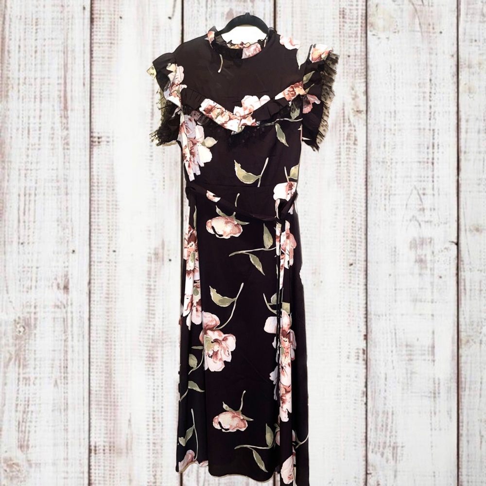 Black Floral Dress w/ Belt/Tie